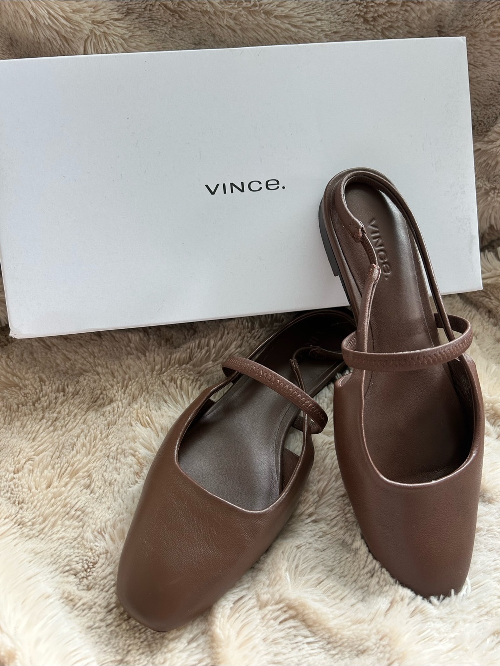 Vince Brown Square-Toe Leather Slingback Flats